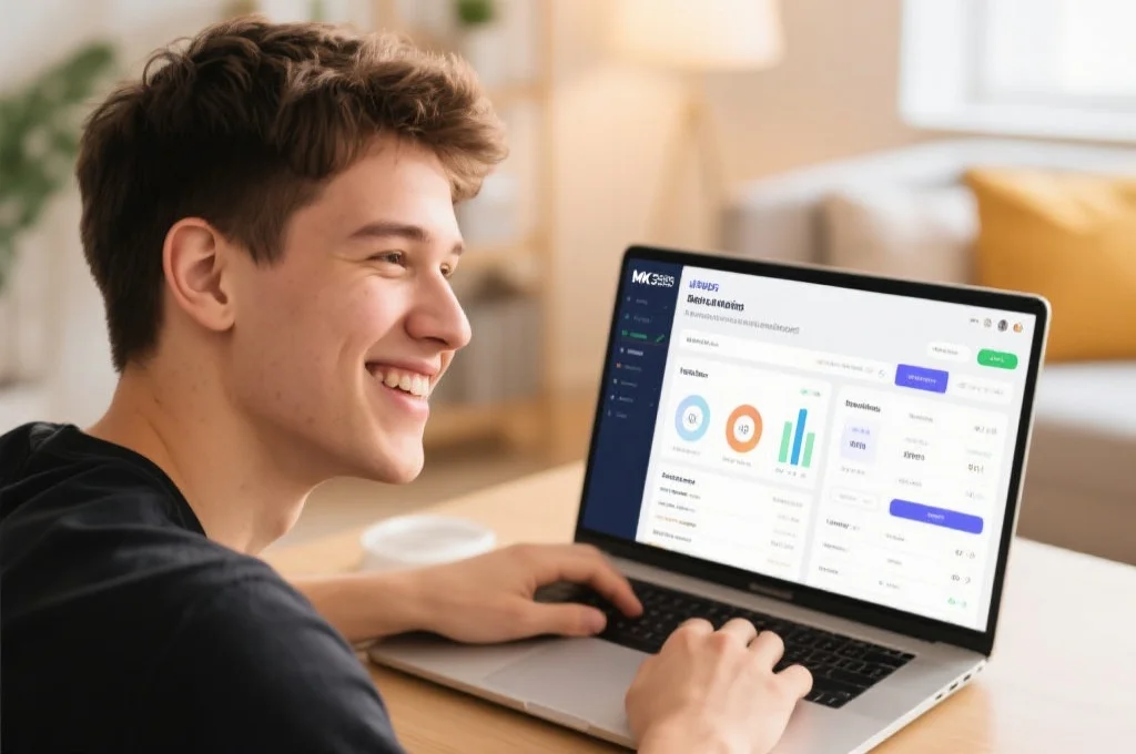一名年轻用户微笑着在笔记本电脑前，屏幕上显示MK体育平台的自我管理工具界面，环境温馨明亮