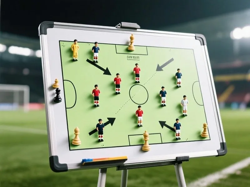 一个足球战术板,上面有代表球员的棋子和箭头,展示高位逼抢的压迫区域和传球路线,背景模糊的足球场